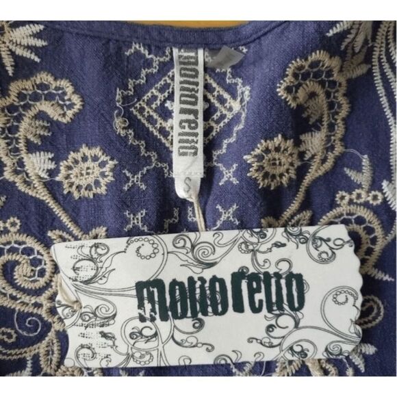 Short Open Front Cardigan Size S Blue Floral Embroidered 100% Linen 3/4-Sleeve - Picture 9 of 11